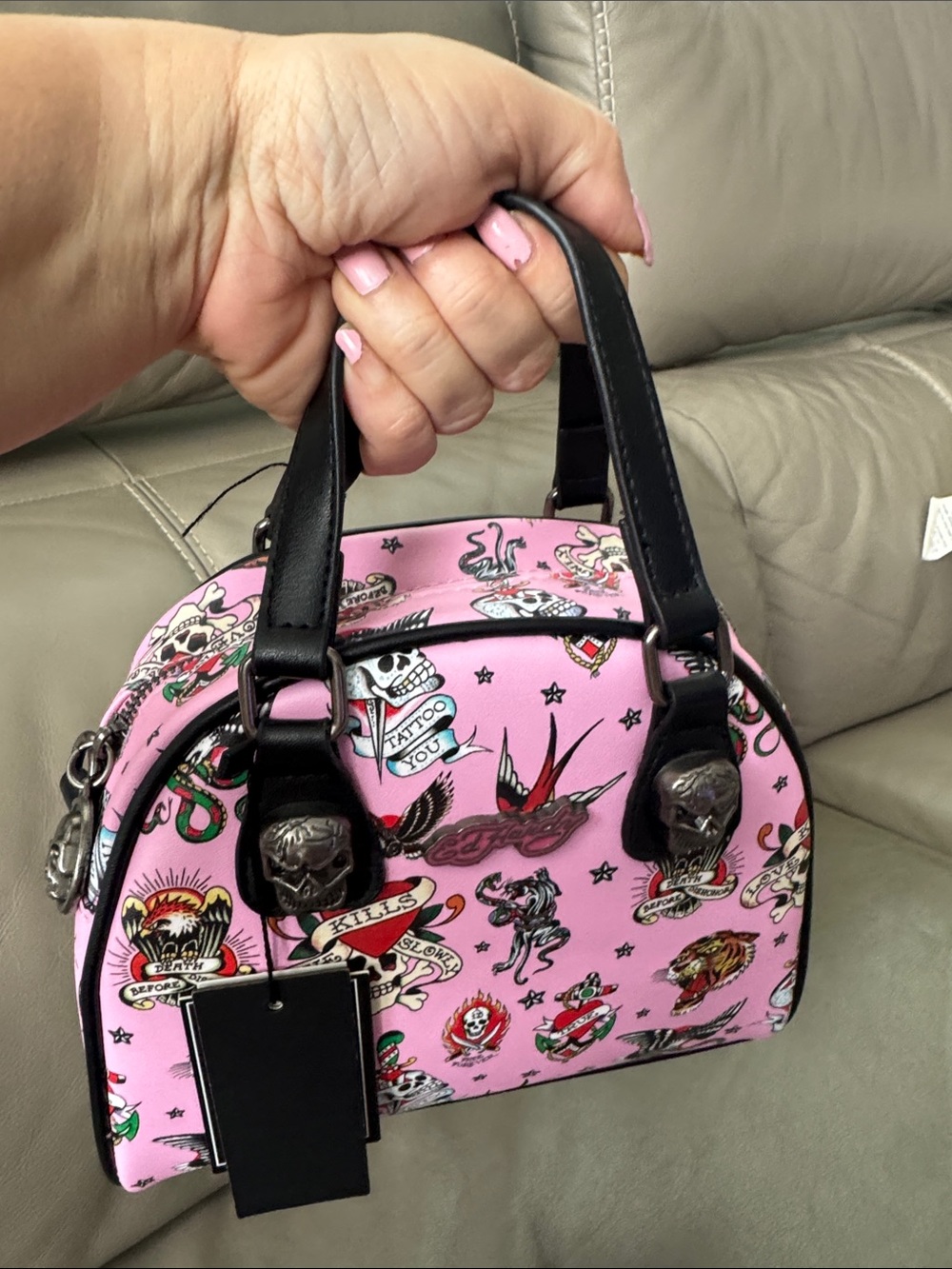 Ed Hardy Pink Tattoo-Print Dome Satchel with Black Trim
